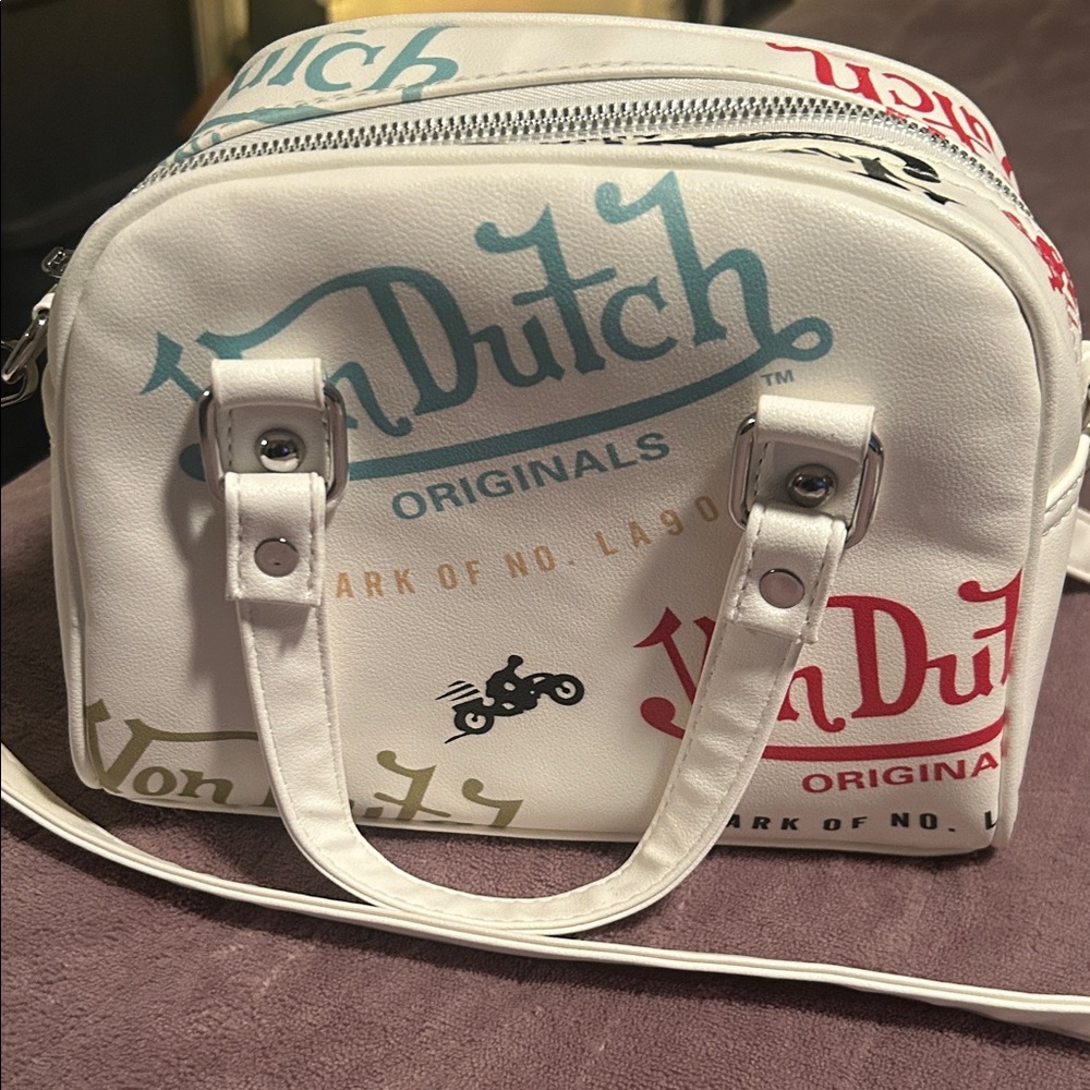 Von Dutch White Crossbody Bag with Multicolor Prints